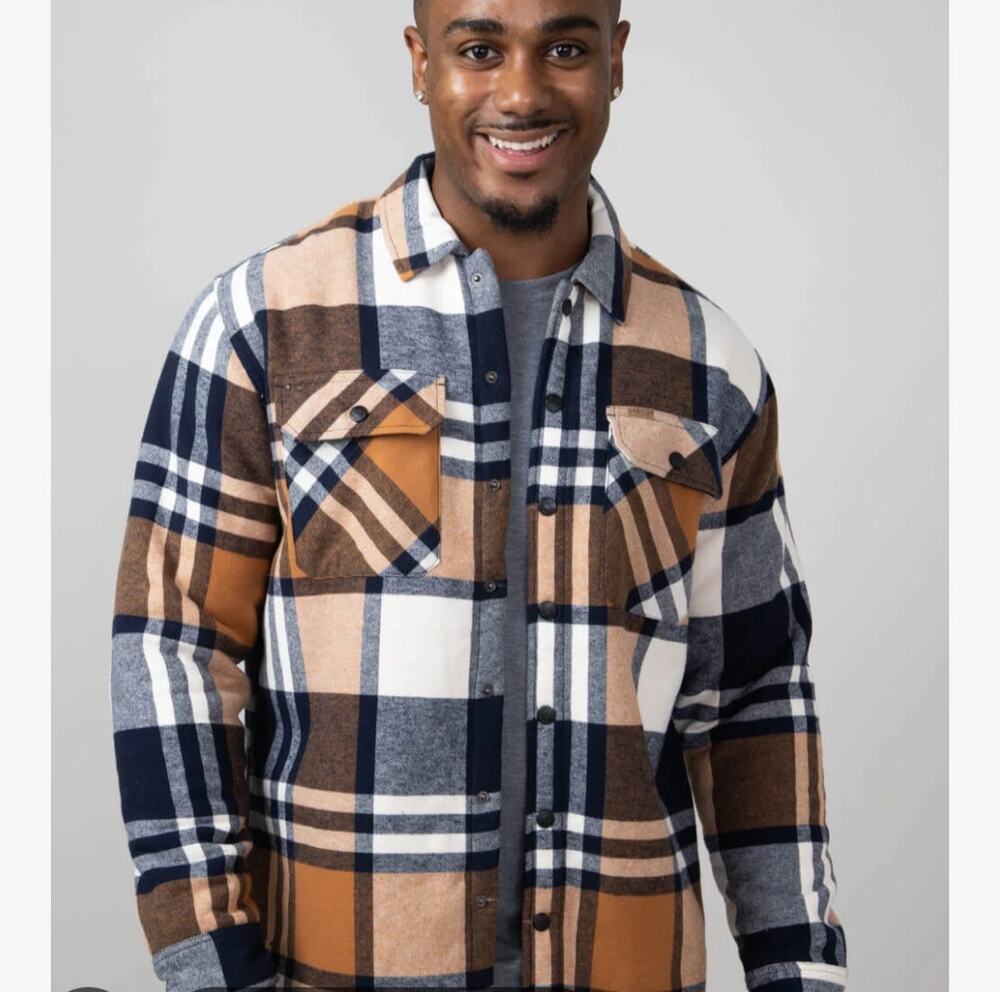 Navy n Tan flannel shacket / snap sherpa jacket shirt 4xl